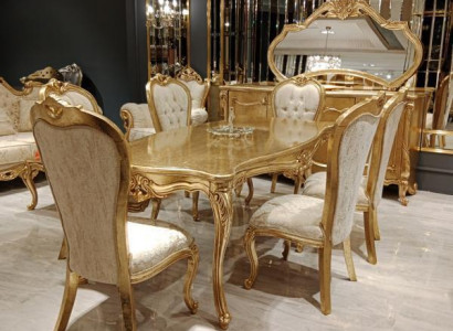 Klassisch Esstisch + 6x Stühle + Anrichte mit Spiegel Gold Holz Kommode Neu