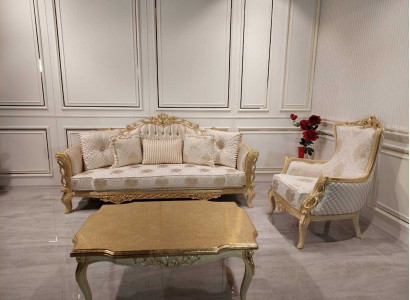 Sofagarnitur Sofa 3+1 Sitzer Sessel Tisch geschnitzten Beinen Couchtisch