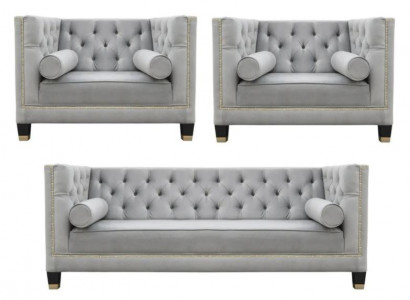 Sofagarnitur Grau Chesterfield Sessel Luxus Möbel Textil Stoff Wohnzimmer Neu