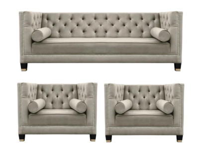 Beige Sofagarnitur Chesterfield Sessel Luxus Möbel Textil Stoff Wohnzimmer Neu