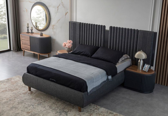 Schwarz-Beige Schlafzimmer Garnitur Designer Doppelbett 2x Nachttische