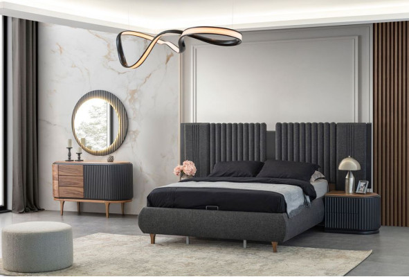 Schwarz-Beige Schlafzimmer Garnitur Designer Doppelbett 2x Nachttische