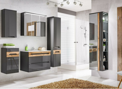 Design Badezimmer Möbel Bad 5 tlg. Set Garnitur Schrank Waschbecken Beleuchtung