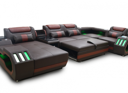 Luxus Ecksofa U-Form Wohnzimmer Sofa mit Bettfunktion Couch Möbel LED