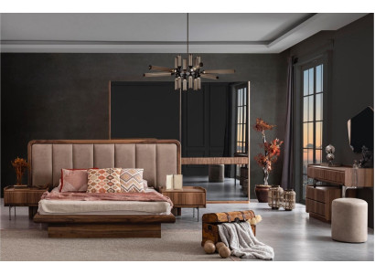 Luxus Brauner Schlafzimmer Set Bett 2x Nachttische Kleiderschrank Modern