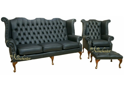 Schwarze Chesterfield Ledersofa Couch Polster Garnitur 3+1 Sitzer Ohrensessel