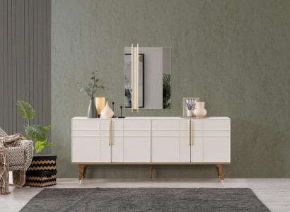 Anrichte Garnitur Sideboard mit Spiegel Kommoden Esszimmer Holz Weiß
