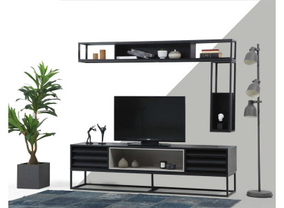 Wohnwand RTV Lowboard Regale TV Ständer Set Holz Modern Schwarz Design