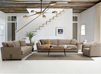 Modern Sofagarnitur Set 331 Sitzer Sessel Dreisitzer Modern Stoff Beige Set 3tlg