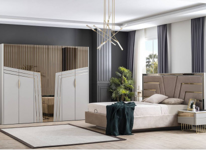 Moderner Schlafzimmer Set Designer Bett 2x Nachttische Kleiderschrank 