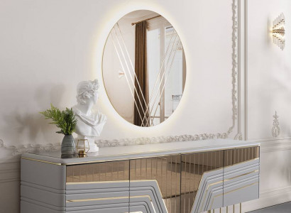 Moderner Silber Sideboard Rundspiegel LED Beleuchtung Designer 2tlg Set 