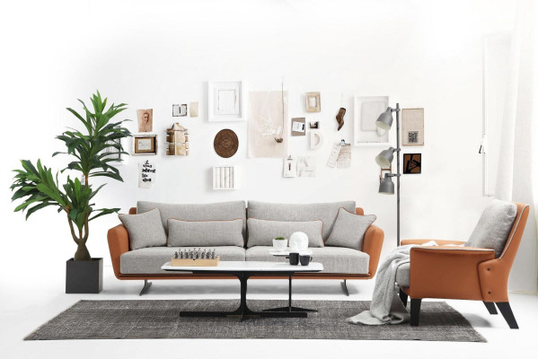 Sofagarnitur 21 Sitzer Wohnzimmer Sofa Orange Stoff Sessel Zweisitzer