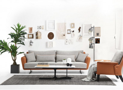 Sofagarnitur 21 Sitzer Wohnzimmer Sofa Orange Stoff Sessel Zweisitzer