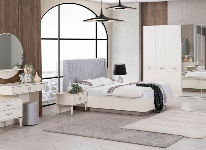 Garnitur Doppelbett Bettrahmen Stoff Schlafzimmer Weiß Holz Set 7tlg