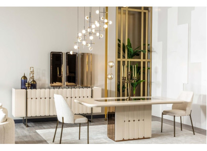 Modernes Weißes Esszimmer Set Esstisch Sideboard Stühle x3 Spiegel 9tlg