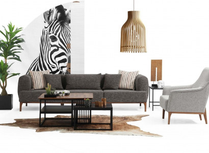 Sofagarnitur Dreisitzer Sitzer Modern Sessel Stoff Grau Wohnzimmer Set