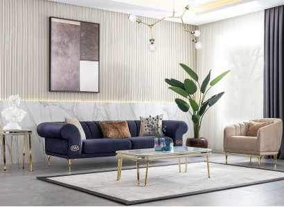 Blau-Beiges Wohnzimmer Set Luxus Sofagarnitur 3+3+1 Sitzer Design Couch