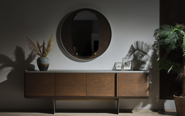 Braunes Sideboard Moderne Holzmöbel Luxus Rundspiegel Wohnzimmer 2tlg