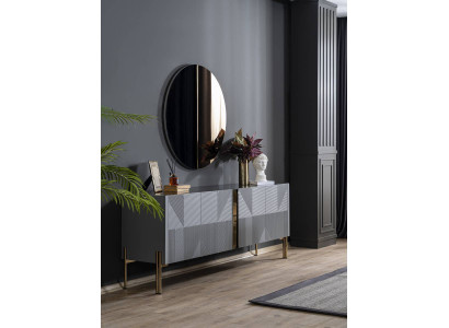 Schwarze Esszimmergarnitur Designer Sideboard Luxus Rundspiegel 2tlg