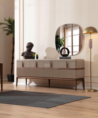 Beige Esszimmer Möbel Luxus Holz Anrichte 4-türig Glas Spiegel 2tlg Set