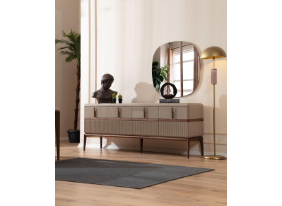 Beige Esszimmer Möbel Luxus Holz Anrichte 4-türig Glas Spiegel 2tlg Set