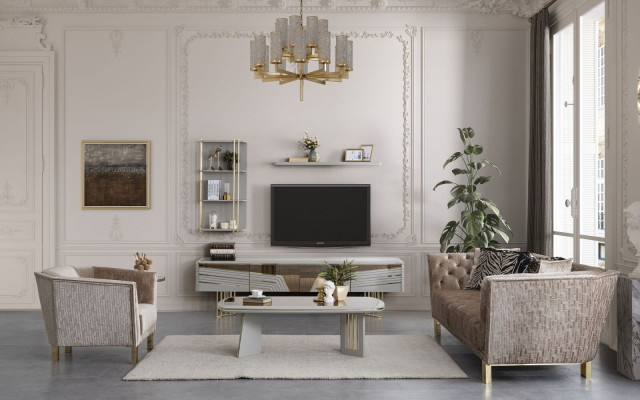 Moderne Graue Wohnzimmer Garnitur Luxus TV-Schrank Wandschränke Regale