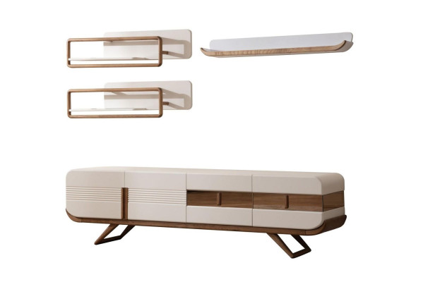 Weiße Wohnzimmer Wohnwand Designer Lowboard 2x Regale Holz Möbel 4tlg