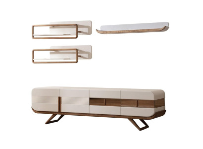 Weiße Wohnzimmer Wohnwand Designer Lowboard 2x Regale Holz Möbel 4tlg