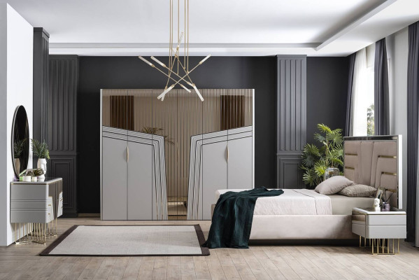Modern Schlafzimmer Set Luxus Bett 2x Nachttische Kleiderschrank 6tlg.