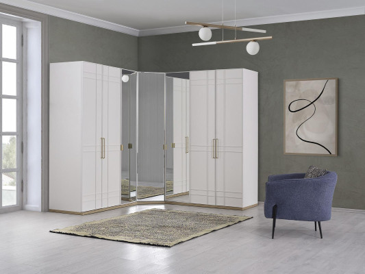 Eckschrank Kleiderschrank Schränke Weiß Holz Spiegel 7 Türen Groß