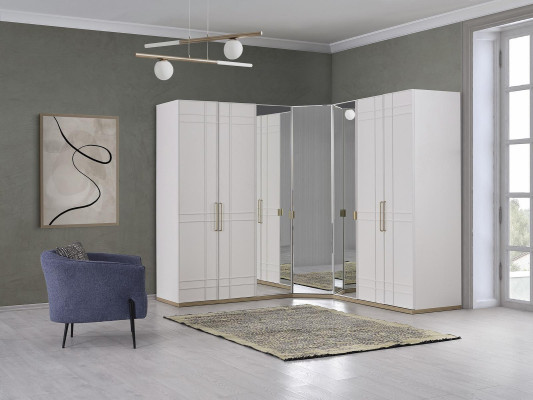 Eckschrank Kleiderschrank Schränke Weiß Holz Spiegel 7 Türen Groß