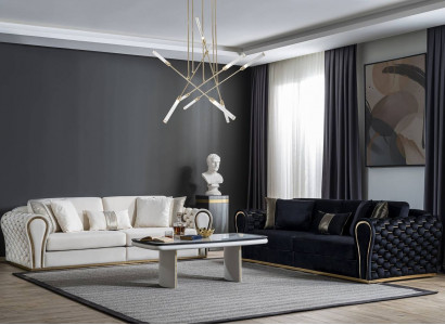 Schwarz Weiße Sofagarnitur 3+3 Designer Sitzer Luxus Polster 2x Sofas