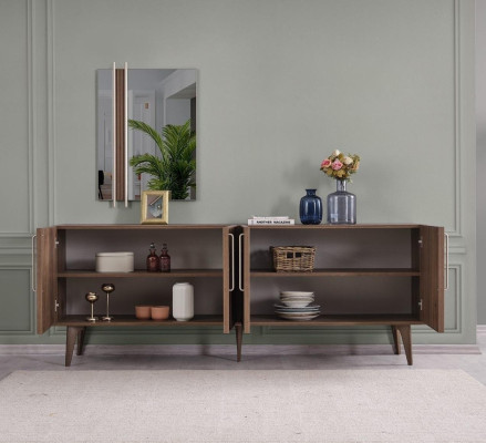 Garnitur Sideboard mit Spiegel Kommode Holz Braun Esszimmer
