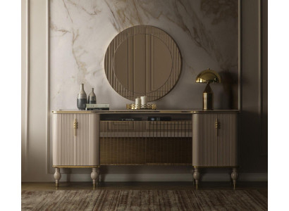 Luxuriöses Wohnzimmer Set Modernes Sideboard Glas Spiegel Holz Anrichte