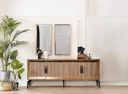 Sideboard Anrichte mit Spiegel Gruppe Kommode Holz Gold Esszimmer