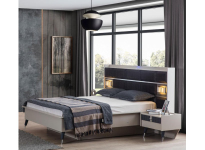 Grau-weiße Schlafzimmer Garnitur Doppelbett 2x Nachttische 3tlg Set