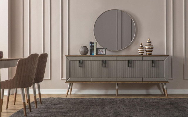  Robuste Anrichte Designer Sideboard Luxuriöser Rundspiegel Schrank 2tlg
