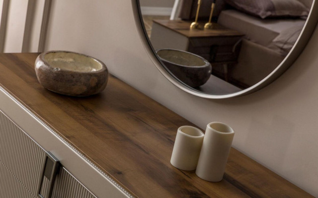 Braune Designer Kommode Edler Rundspiegel Luxus Schminktisch Set 2tlg