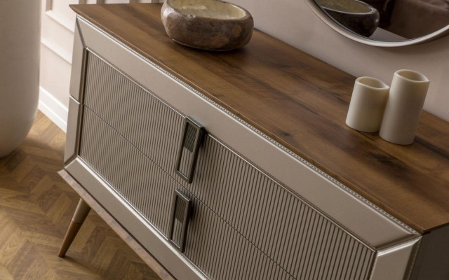 Braune Designer Kommode Edler Rundspiegel Luxus Schminktisch Set 2tlg