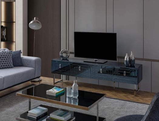 Graues Lowboard Exklusives RTV-Board Wohnzimmer Glas Schrank 4-türig