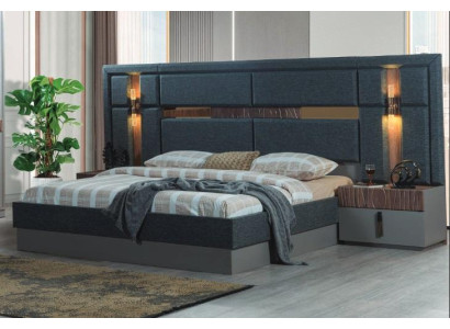 Dunkel-Graues Doppelbett Designer Holz Nachttische Schlafzimmergarnitur
