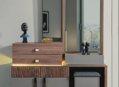 Braun-Graue Schlafzimmer Möbel Luxus Kommode Mit Spiegel Polsterhocker