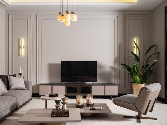 Wohnzimmer Garnitur Sessel RTV Lowboard Couchtische Holz Beige 6tlg