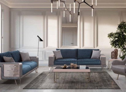 Sofagarnitur 3+3+1 Sitzer + Couchtisch Modern Textil Komplett Blau Neu