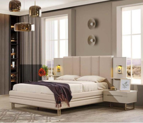 Schlafzimmer Set Luxus Komplettes Beige Bett 2x Nachttische Modern