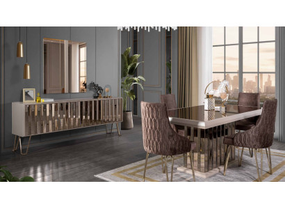 Designer Braun Esszimmer Garnitur Essgruppe Esstisch 4x Stühle 7tlg neu