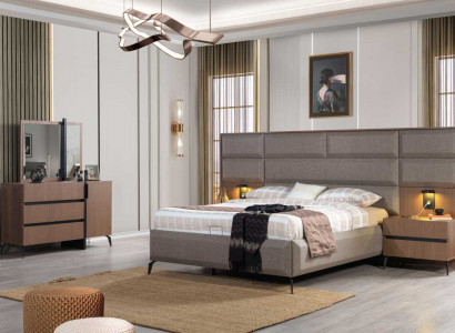 Grau-Braunes Doppelbett Exklusive Schlafzimmer Kommode Spiegel 5tlg Set