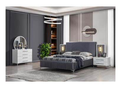 Stilvolle Schlafzimmer Garnitur Graues Doppelbett Holz Nachttische 5tlg