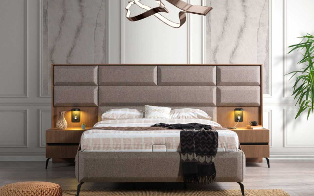 Exklusives Graues Schlafzimmer Doppelbett mit 2x Nachttischen 3tlg Set