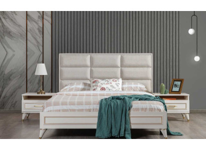 Weiße Schlafzimmer Garnitur Polster Doppelbett 2x Holz Nachttische 3tlg